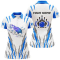 Custom White Bowling Polo Shirts For Women Custom Name Flame Bowling Ball And Pins Bowling Jerseys