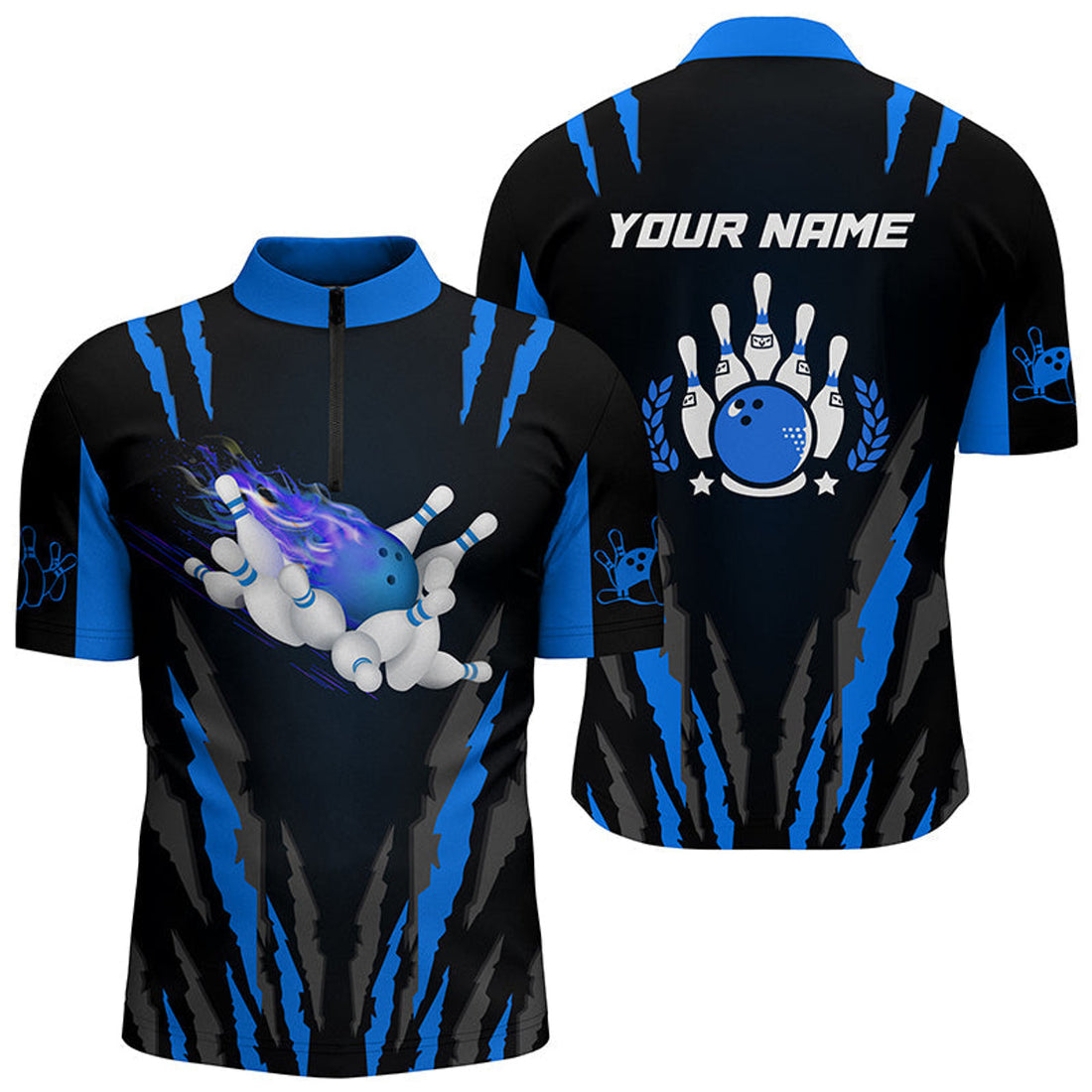 Custom Bowling Quarter Zip Shirts For Men Custom Name Flame Bowling Ball And Pins Bowling Jerseys Blue