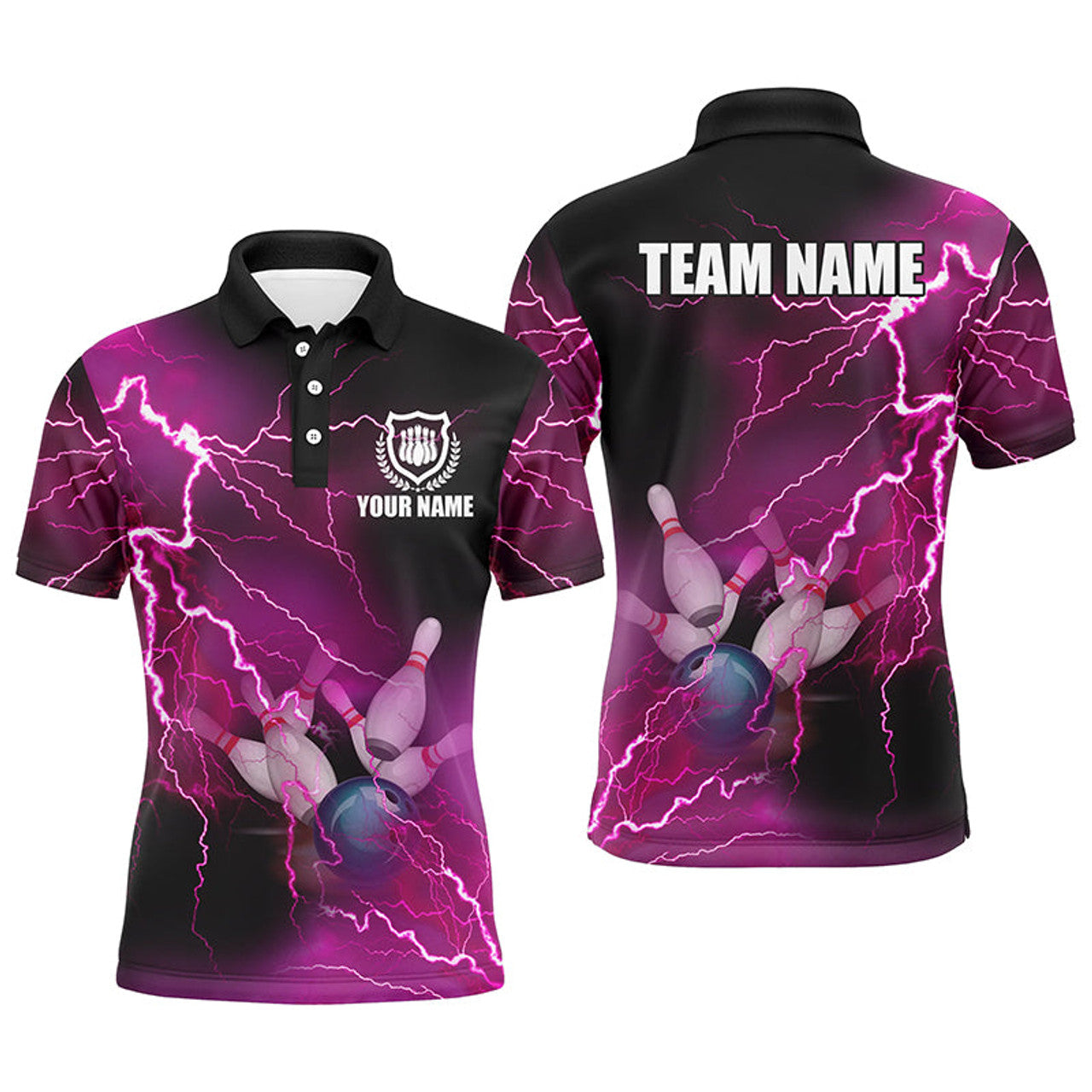 Custom Mens polo bowling shirts Custom pink lightning thunder Bowling Team Jersey, gift for team Bowlers