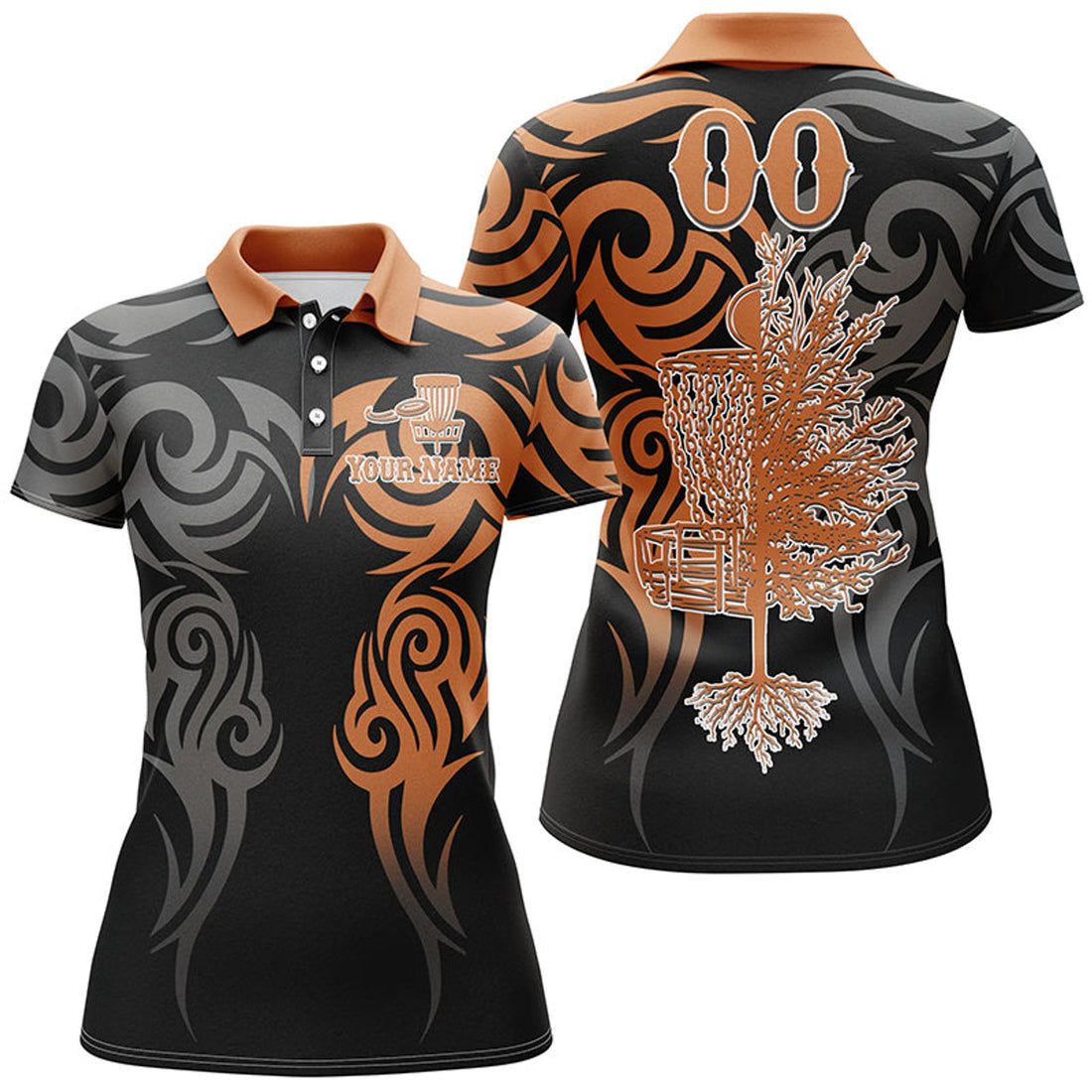Custom Name And Number Black Orange Disc Golf Basket Tattoo Women Polo Shirts, Ladies Disc Golf Shirts