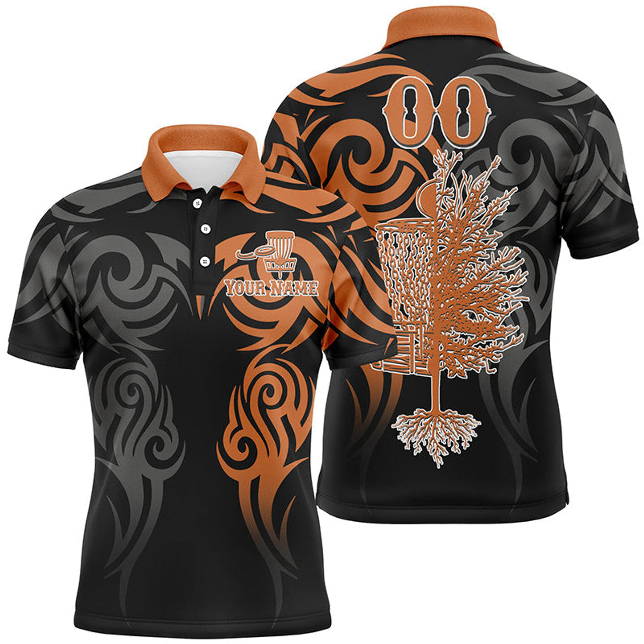FUNSTUFFPRINT Custom name and number black orange Disc Golf basket tattoo Men Polo Shirt Size S-5XL