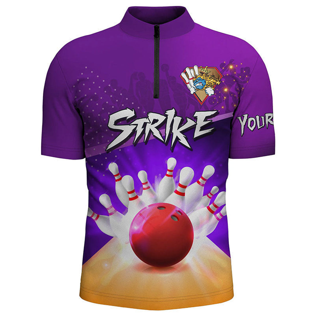 Custom Men's Bowling Quarter-Zip Shirt Custom bowling ball and pins strike purple team Men Bowlers Jerseys