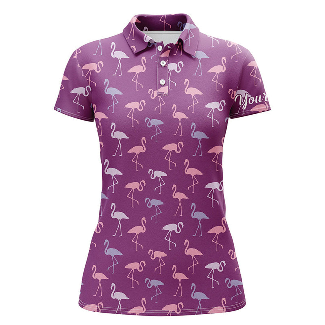 Custom Womens Golf Polo Shirt Purple Flamingos Birds Pattern Tropical Custom Name Team Golf Polo Shirts