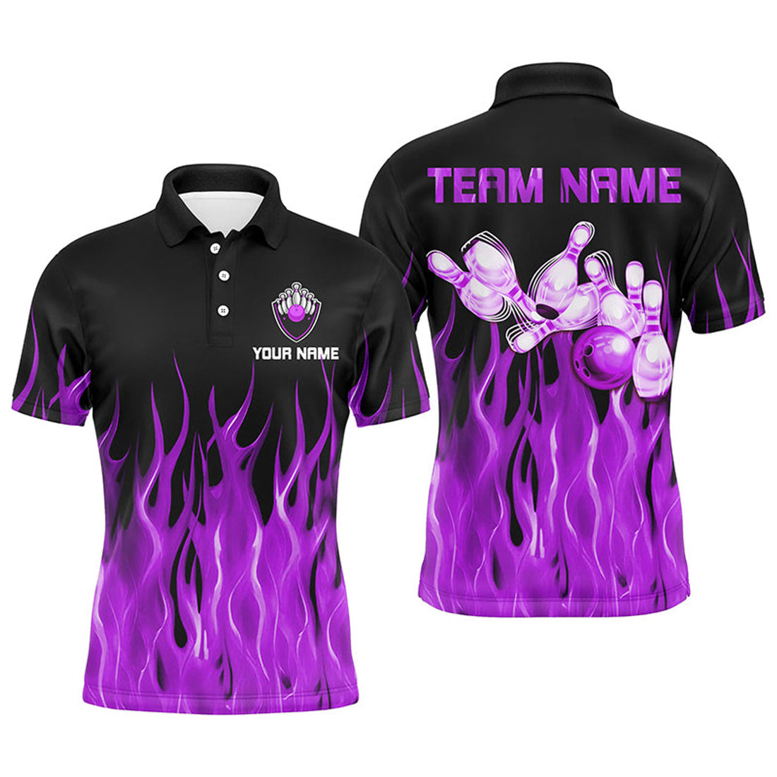 Personalized Men Polo Bowling Shirt Purple Flame Bowling Ball Pins Bowling Jerseys For Men Bowler