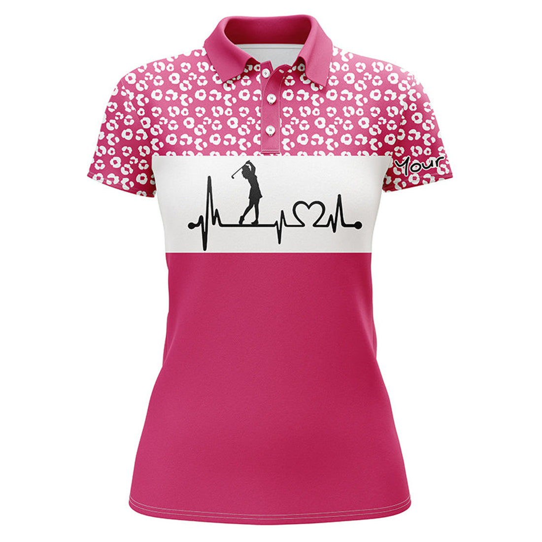 Custom Womens Golf Polo Shirt Golf Heartbeat Custom Name Leopard Pattern Golf Shirt, Womens Golf Gift Ideas