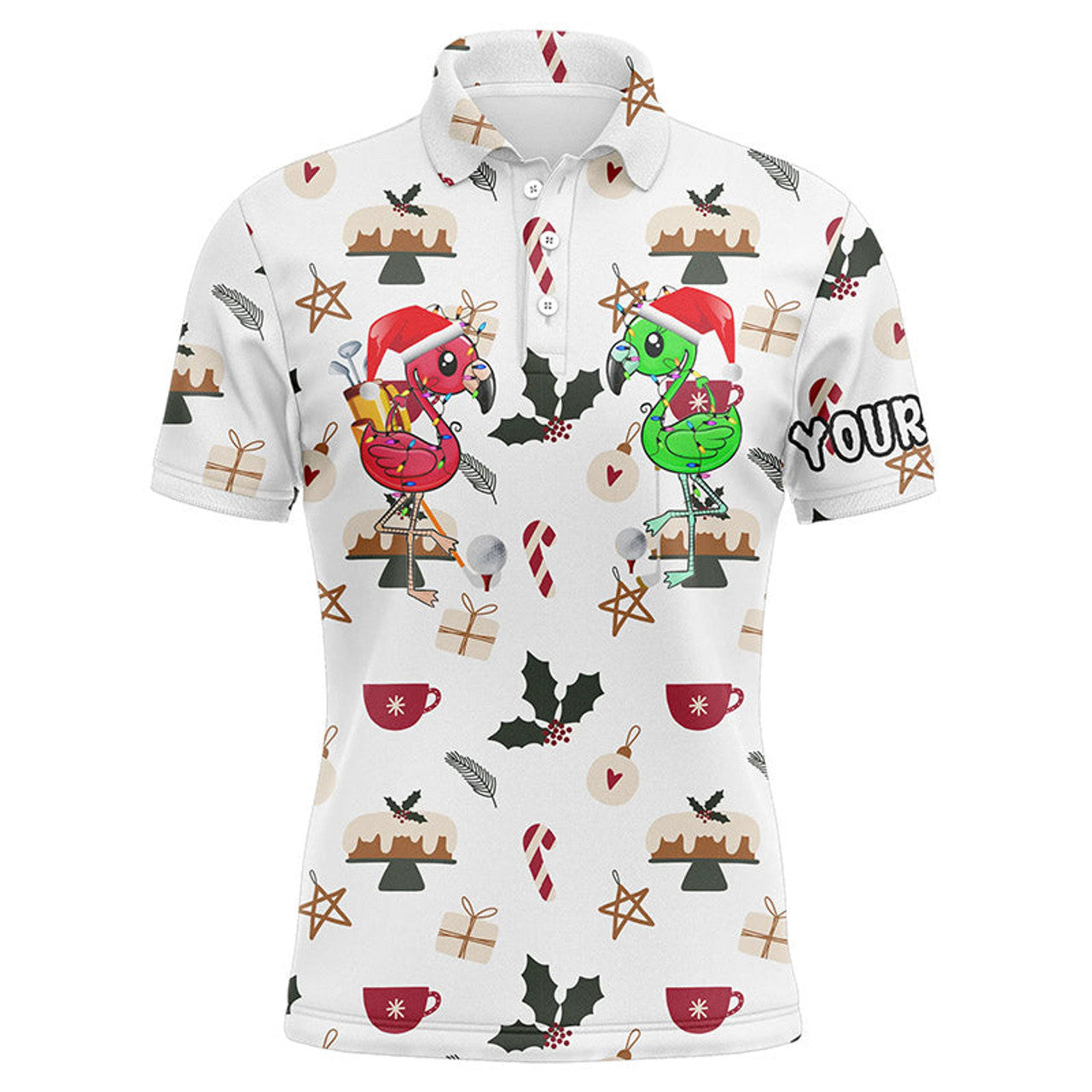 Custom Flamingo Golf Men Polo Shirt - Funny Christmas Background Golf Friends Custom Name Apparel - Personalized Gift For Golf Lover, Team, Golfers
