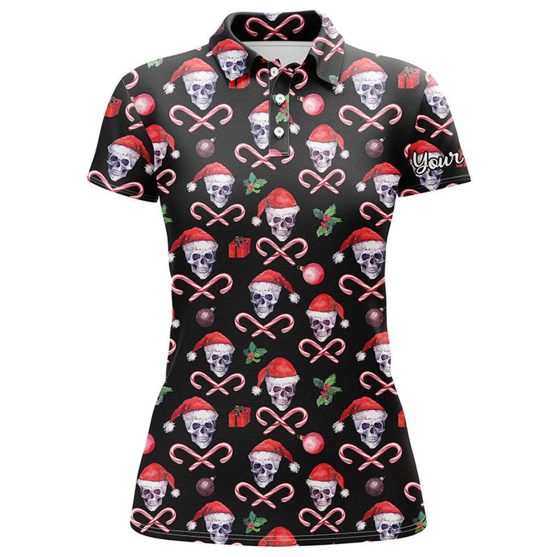 Custom Womens Golf Polo Upf Shirts Funny Black Christmas Skull Pattern Custom Team Golf Polo Shirts