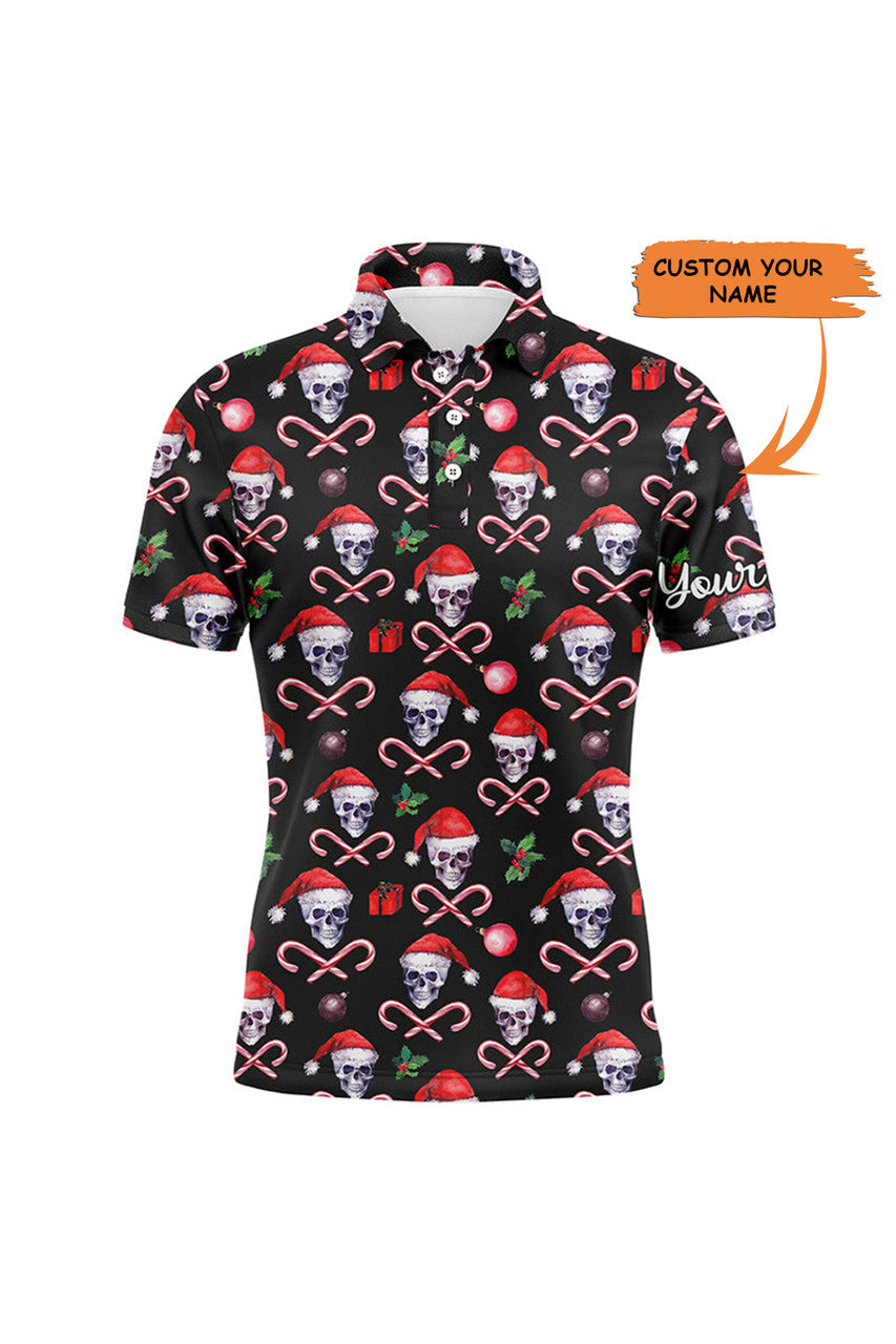 Custom Golf Men Polo Shirt - Funny Black Christmas Skull Pattern Custom Name Apparel - Personalized Gift For Golf Lover, Team