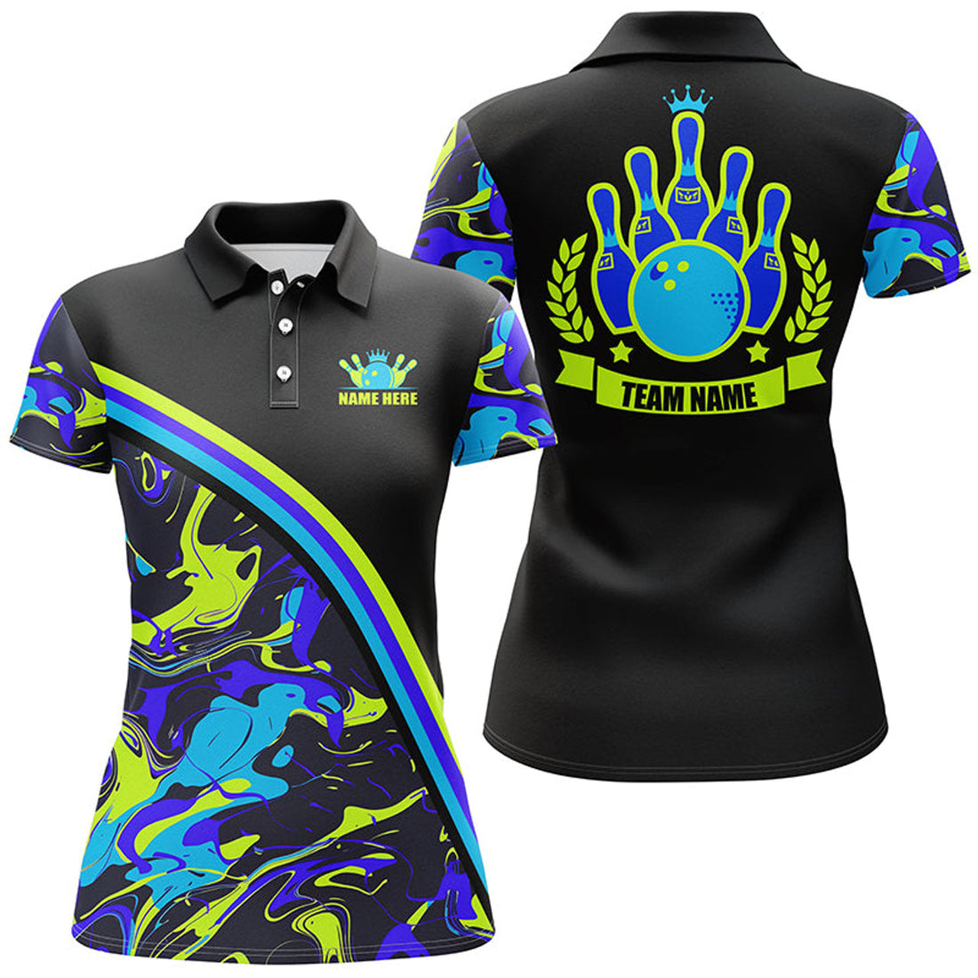 Custom Women Bowling Polo Shirts Custom Green And Blue Bowling Camo Pattern Black Team League Jerseys