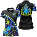 Custom Women Bowling Polo Shirts Custom Green And Blue Bowling Camo Pattern Black Team League Jerseys