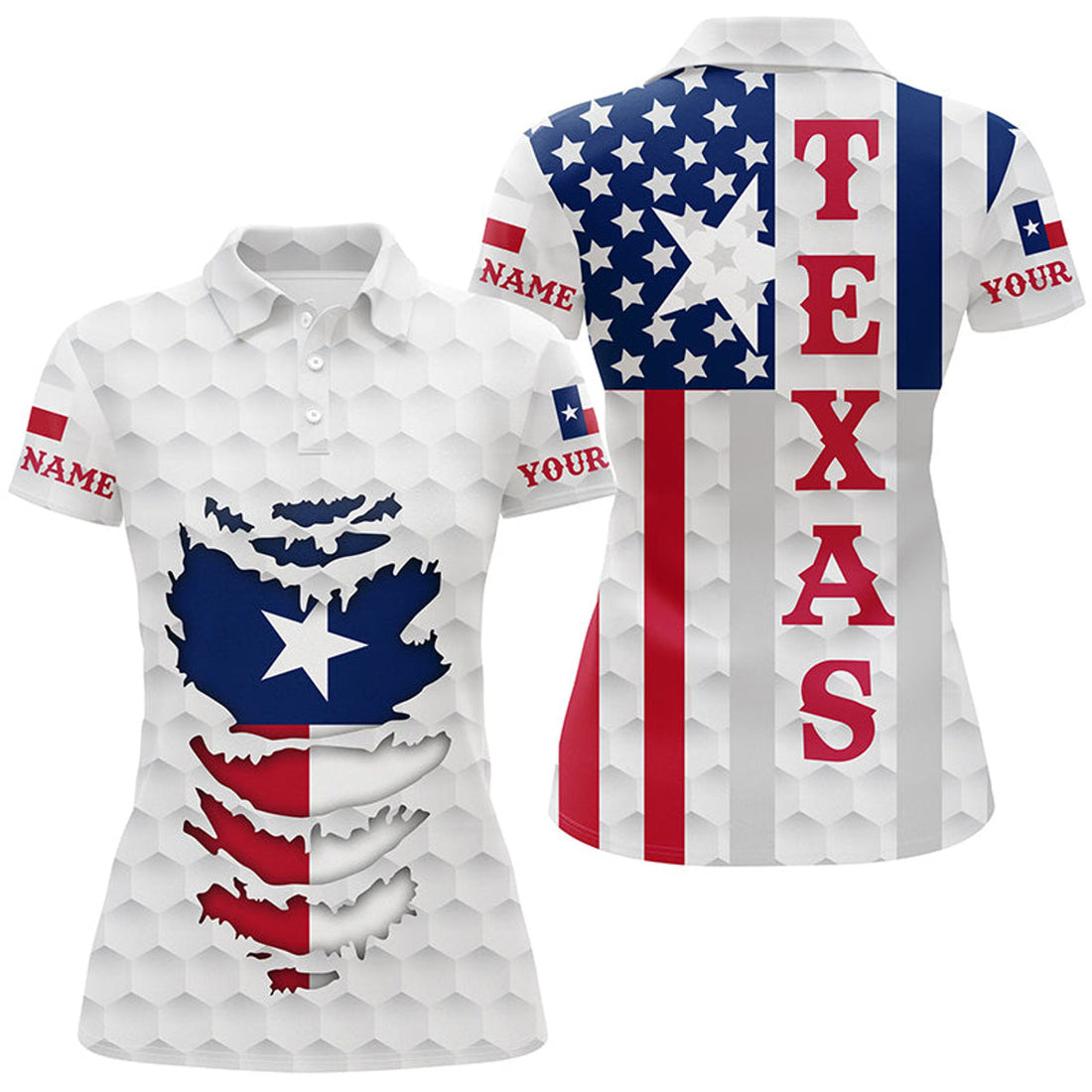 Custom Texas American Flag Womens Golf Polo Shirt Custom White Golf Ball Skin Patriot Golf Apparel For Ladies