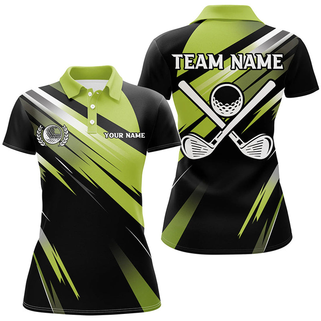 Custom Green And Black Womens Golf Polo Shirts Custom Golf Ball Clubs Golf Attire For Women, Golfing Gifts