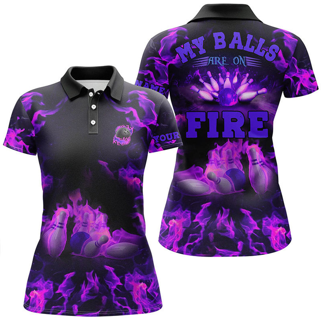 Custom Purple Flame Bowling Shirt Custom My Balls Are On Fire Bowling Polo Shirts For Women, Bowling Jersey