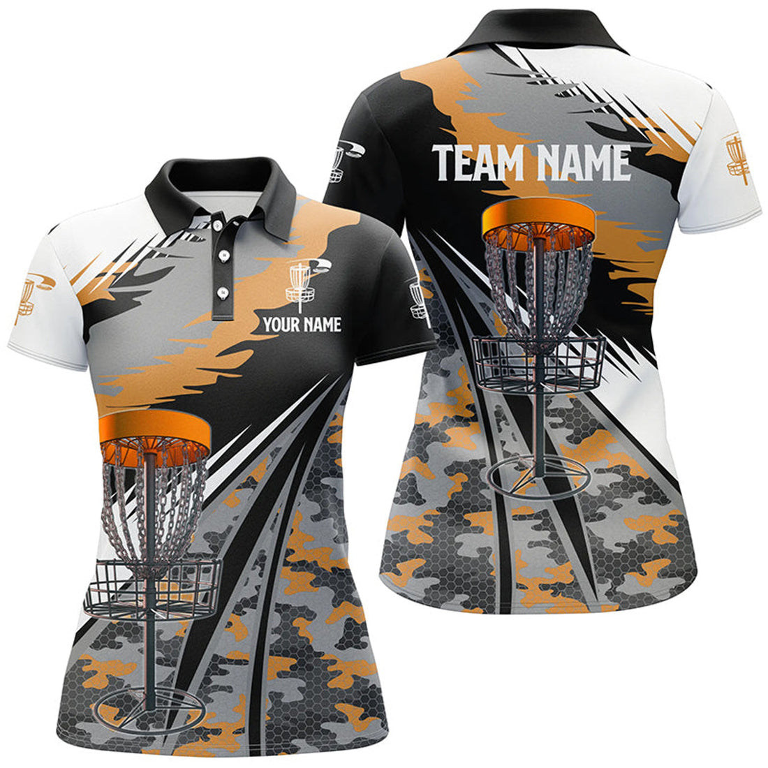 Custom Women Disc Golf Polo Shirts Custom Orange Camo Disc Golf Basket Team Disc Golf Outfits