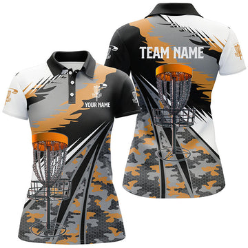 Custom Women Disc Golf Polo Shirts Custom Orange Camo Disc Golf Basket Team Disc Golf Outfits