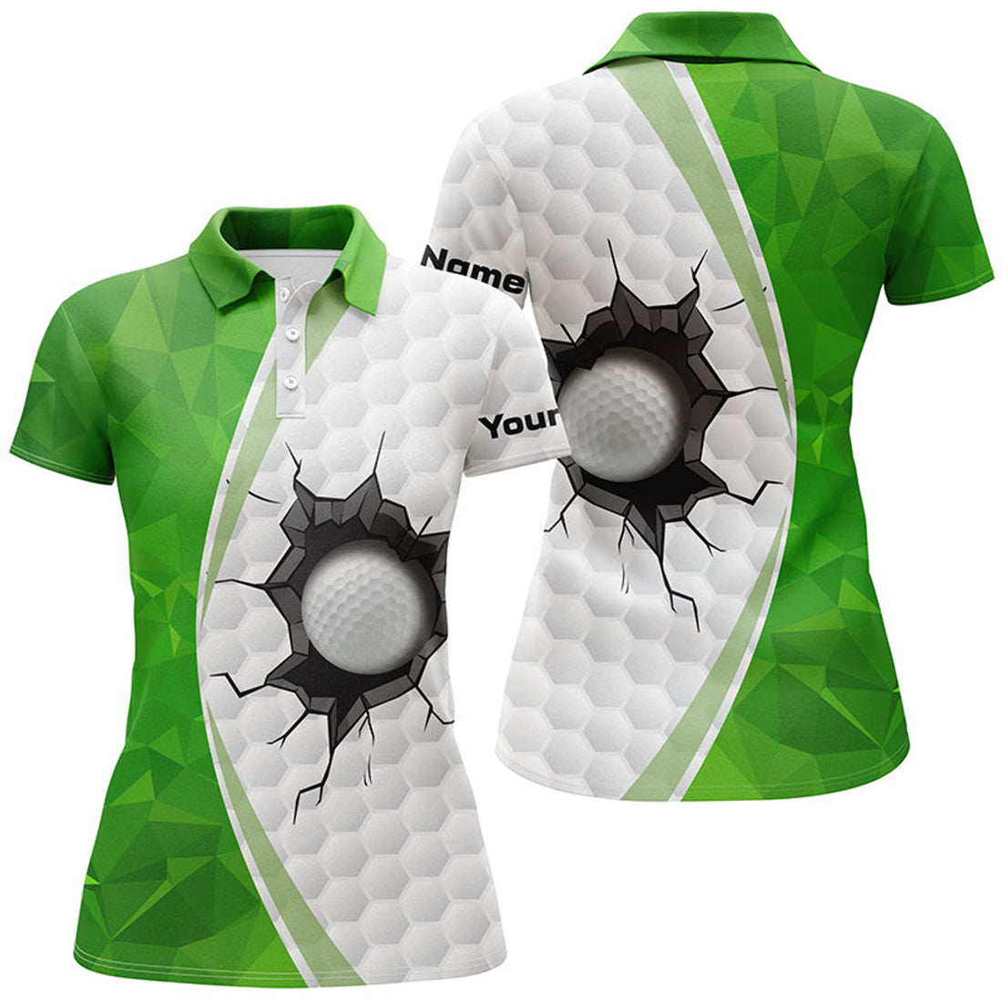 Custom Green White Golf Ball Pattern Womens Golf Polo Shirts Custom Ladies Golf Shirts, Green Golf Tops