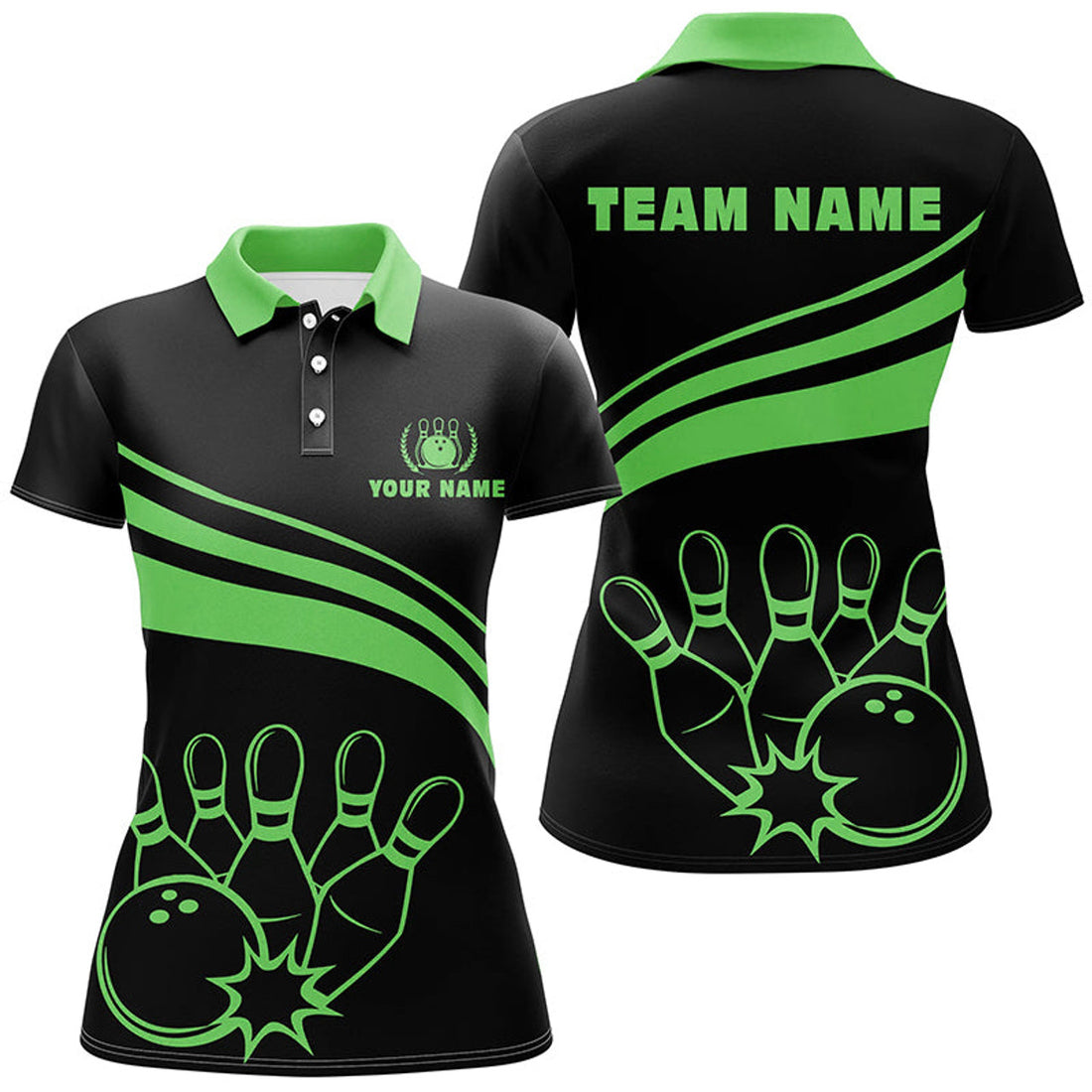 Custom Personalized Polo Bowling Shirts For Women, Custom Black Womens Bowling Shirts Team Bowl Jersey| Green