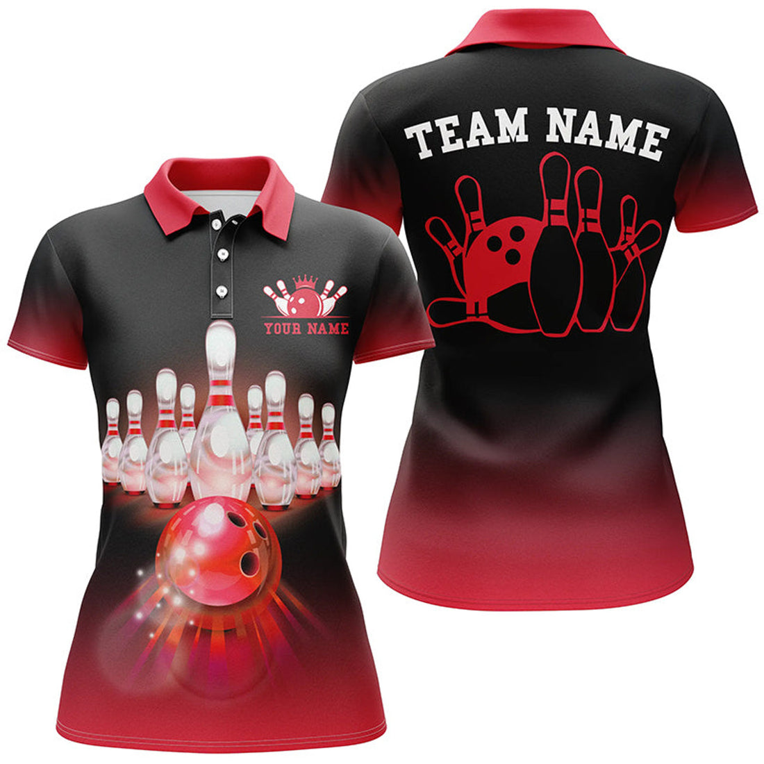 Custom Personalized Red Gradient Bowling Ball And Pins Team Jerseys, Womens Bowling Polo Shirt Bowling League