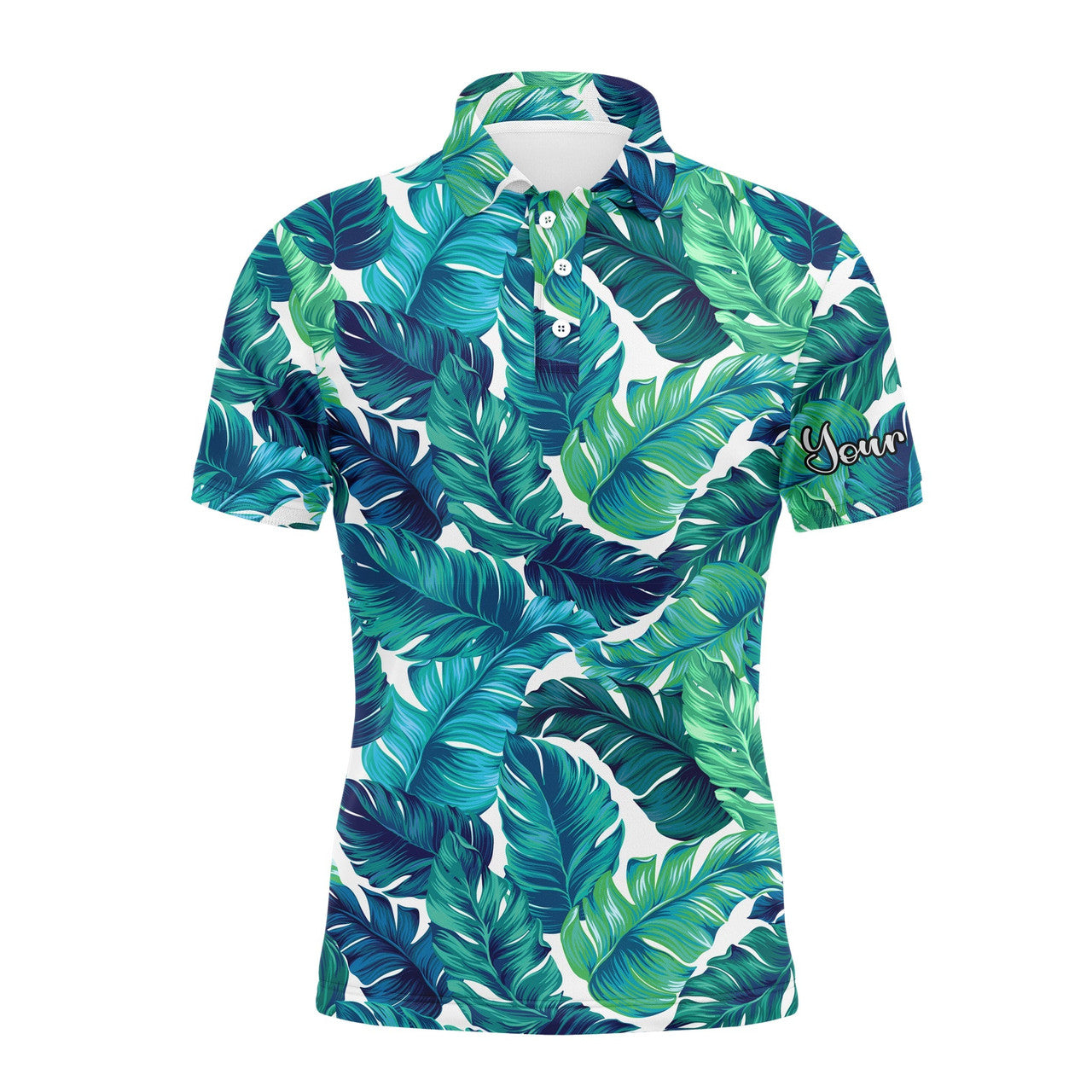 Custom Golf Men Polo Shirt - Custom Name Turquoise And Green Tropical Leaves Apparel - Personalized Gift For Golf Lover, Male, Husband, Team Golf