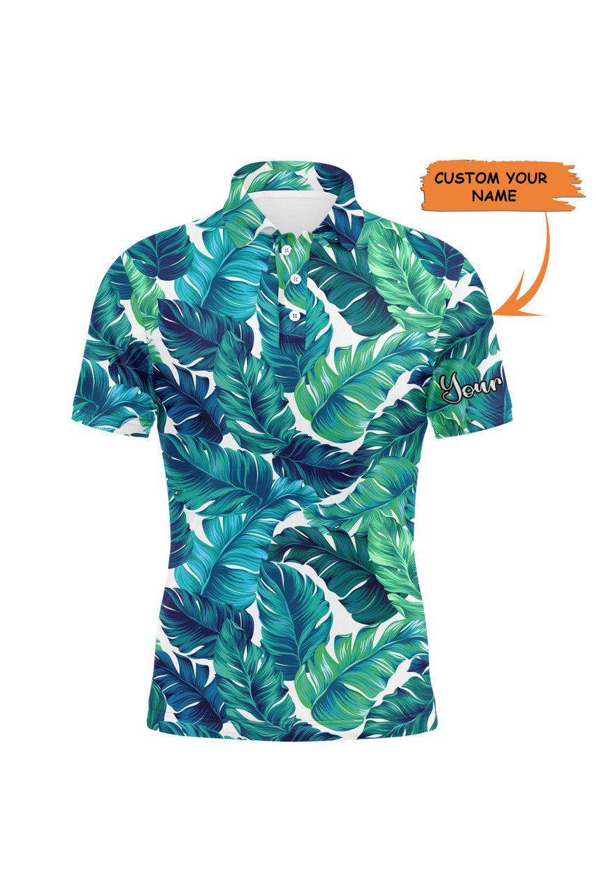 Custom Golf Men Polo Shirt - Custom Name Turquoise And Green Tropical Leaves Apparel - Personalized Gift For Golf Lover, Male, Husband, Team Golf