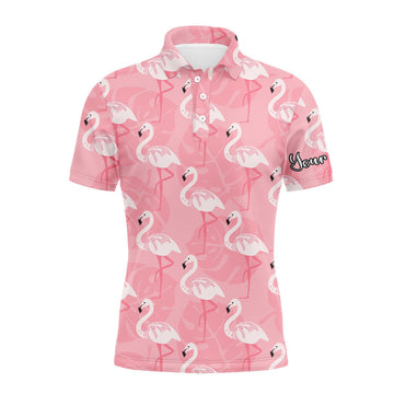 Custom Golf Men Polo Shirt - Pink Flamingo Pattern Custom Name Apparel - Personalized Gift For Golf Lover, Men, Husband, Team, Boyfriend, Dad