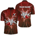 Custom Bowling And Pins Multicolor Lightning Thunder Customized Name, Team Name 3D Zipper Polo Shirt For Men