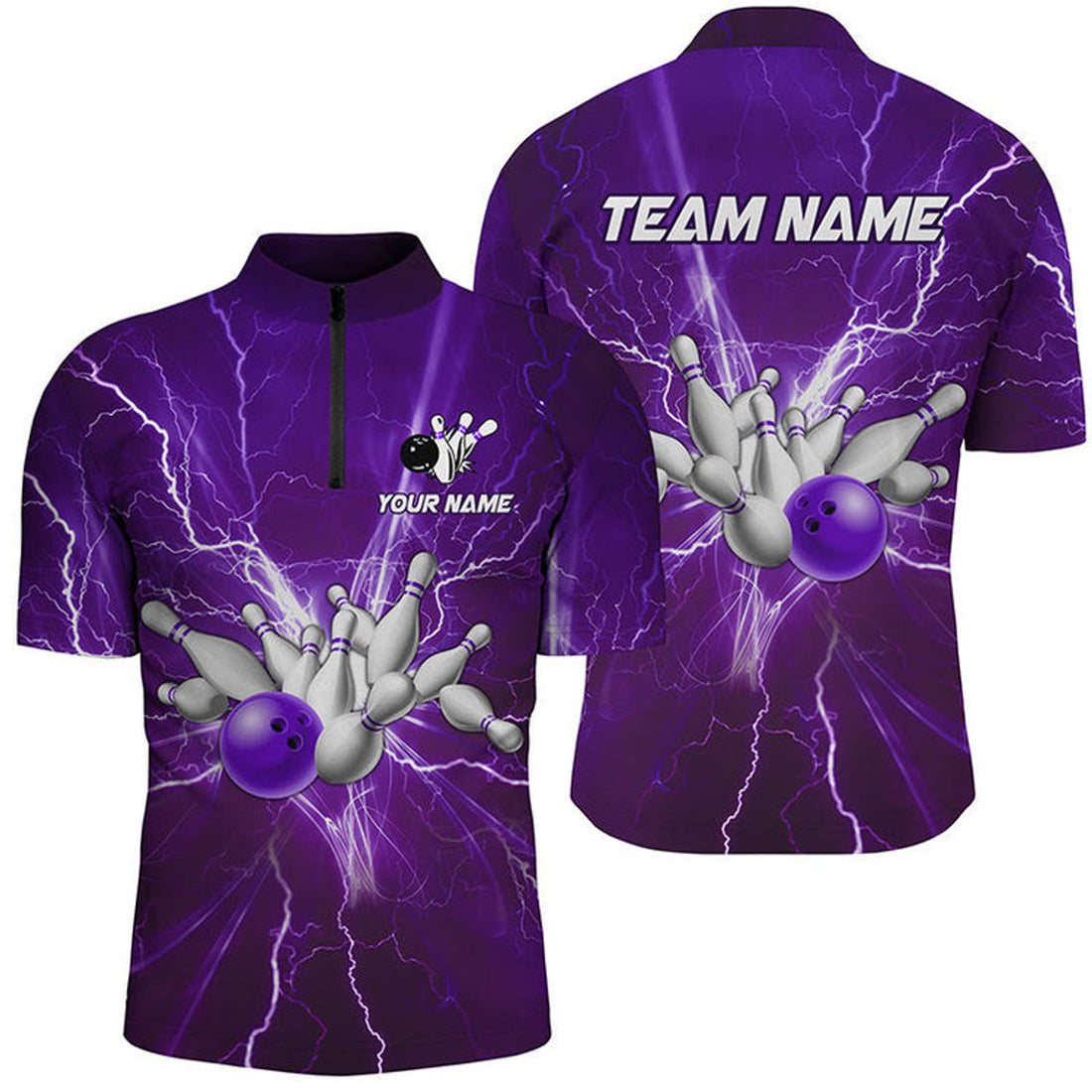 Custom Bowling And Pins Multicolor Lightning Thunder Customized Name, Team Name 3D Zipper Polo Shirt For Men