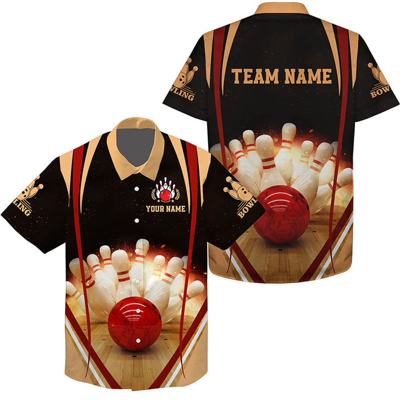 Custom Black Vintage Hawaiian Bowling Shirts Custom Name And Team Name Mens Bowler Shirt, Bowling Team Shirts