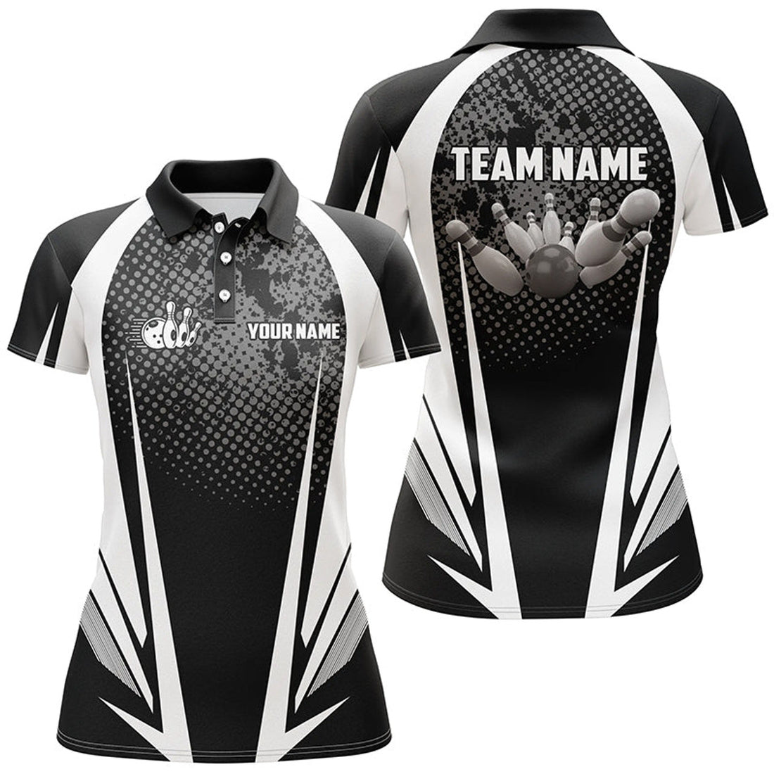 Custom Women's Bowling Polo Shirt Custom Bowling Ball And Pins Black And White Team Ladies Bowlers Jerseys