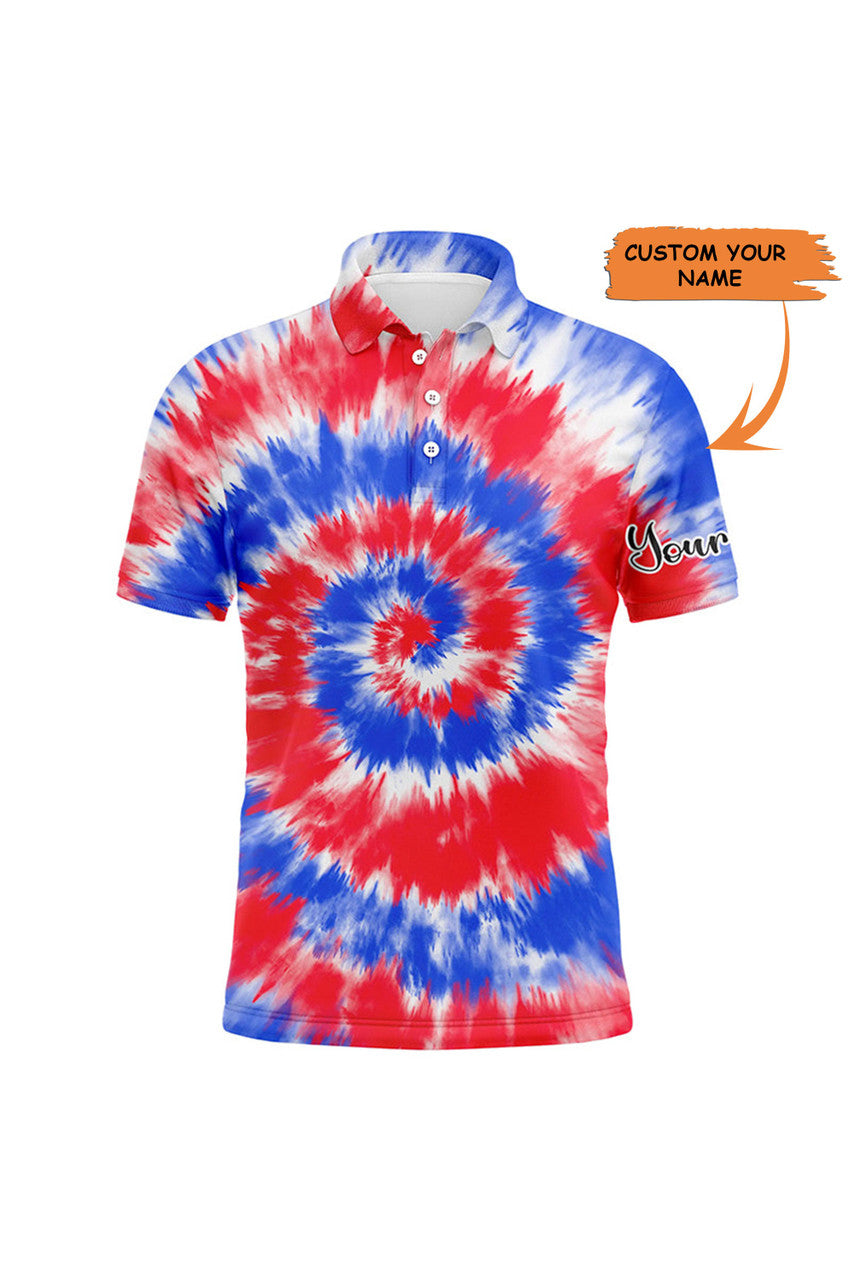Custom Red And Blue Tie Dye Background Custom Name Golf Men Polo Shirt - Personalized Gift For Golf Lover, Team, Golfer, Husband, Boyfriend