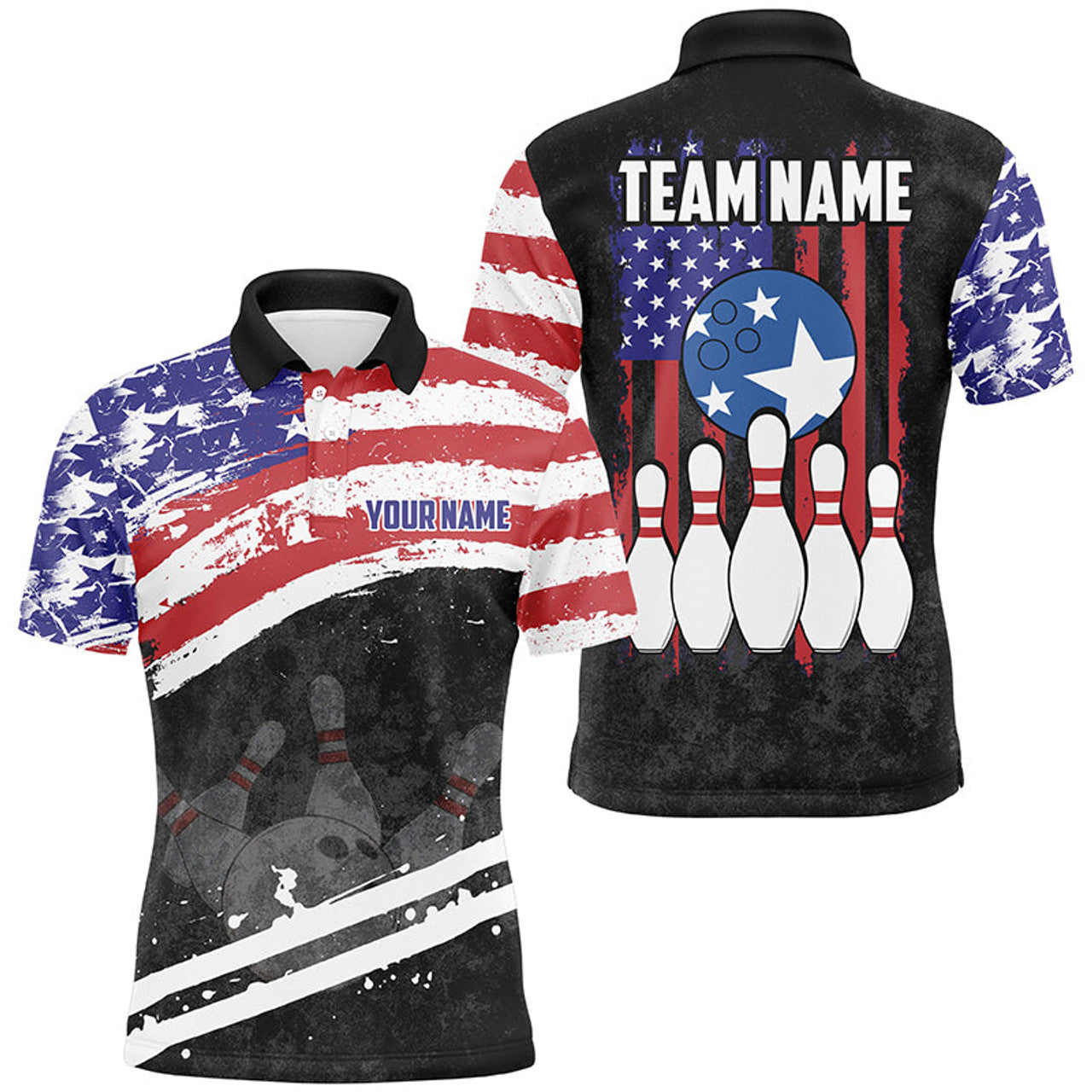 FUNSTUFFPRINT Retro American Flag Bowling Polo, For Men Custom Patriotic Bowling Polo Shirt Size S-5XL