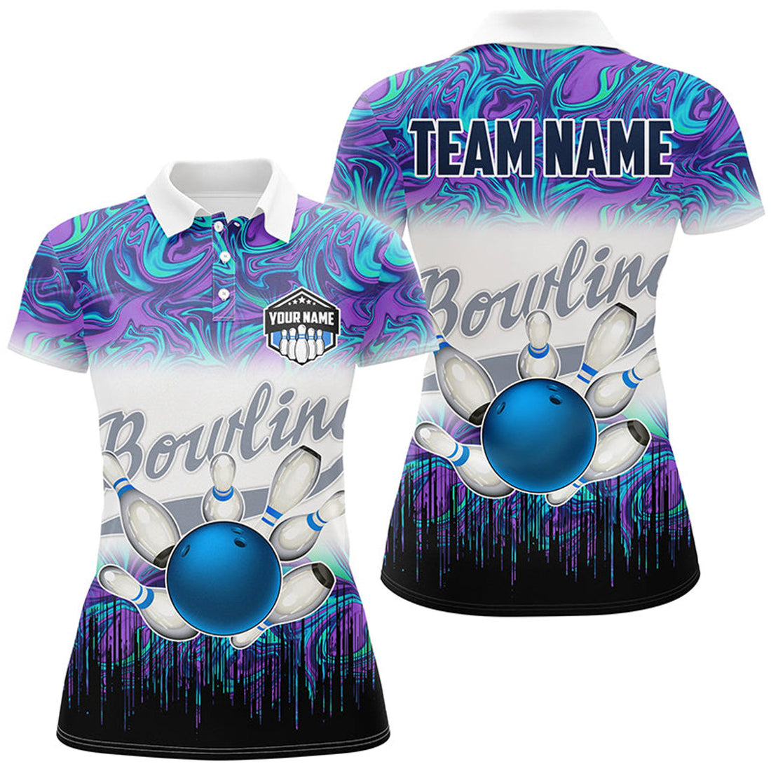Custom Women Bowling Polo Shirts Custom Blue Purple Marble Pattern Bowling Team Jerseys, Gift For Bowlers