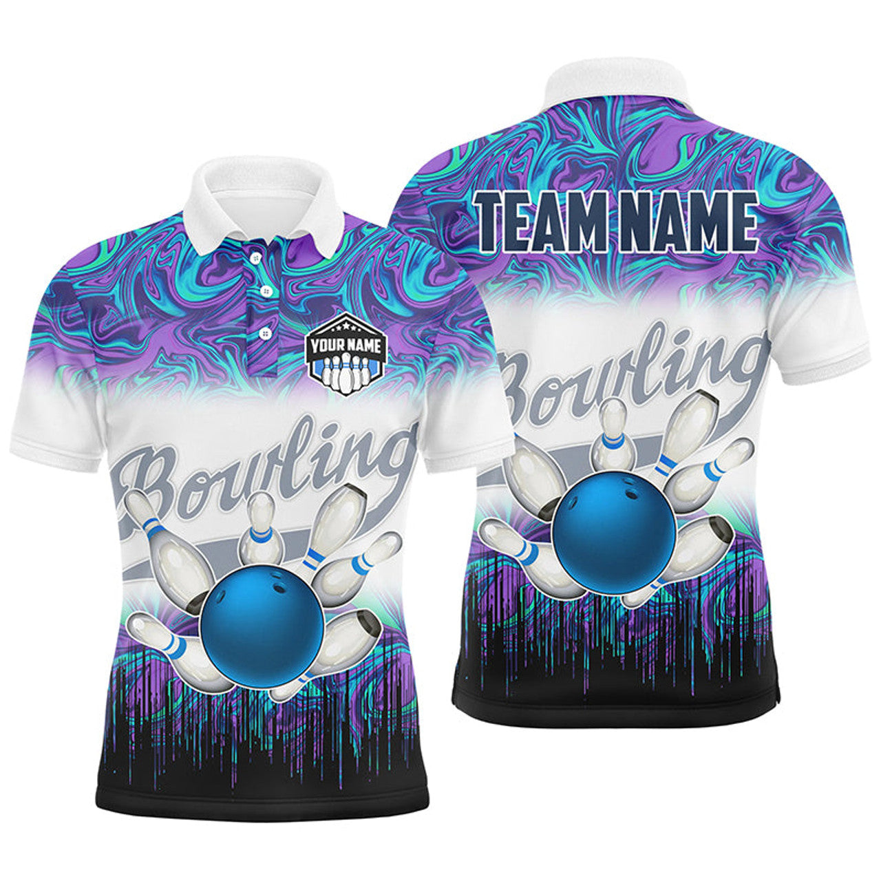 FUNSTUFFPRINT Mens Bowling polo shirts Custom blue purple marble pattern bowling Team Polo Shirt Size S-5XL