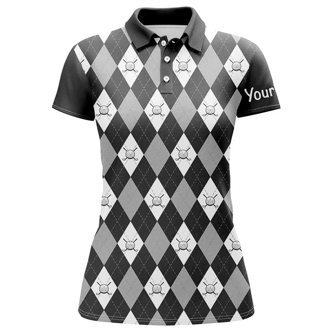 Custom Black Argyle Plaid Pattern Womens Golf Polos Shirts Custom Golf Shirts For Women, Ladies Golf Polo