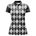 Custom Black Argyle Plaid Pattern Womens Golf Polos Shirts Custom Golf Shirts For Women, Ladies Golf Polo