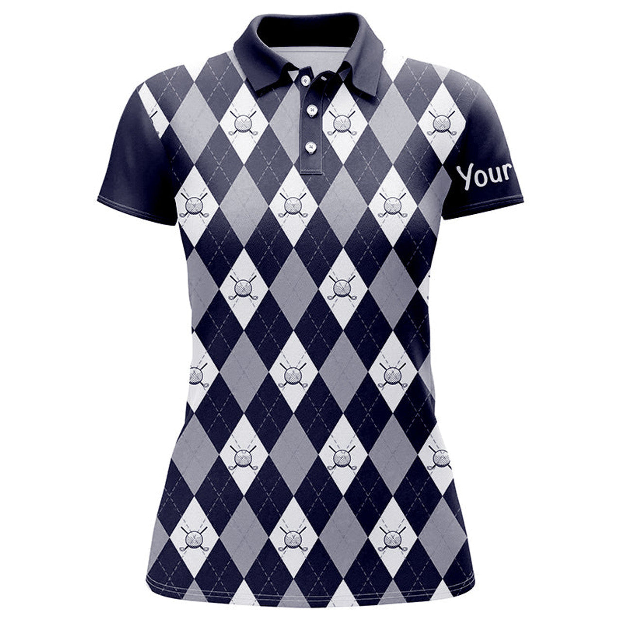 Custom Navy Blue Argyle Plaid Pattern Womens Golf Polos Shirts Custom Golf Shirts For Women, Ladies Golf Polo