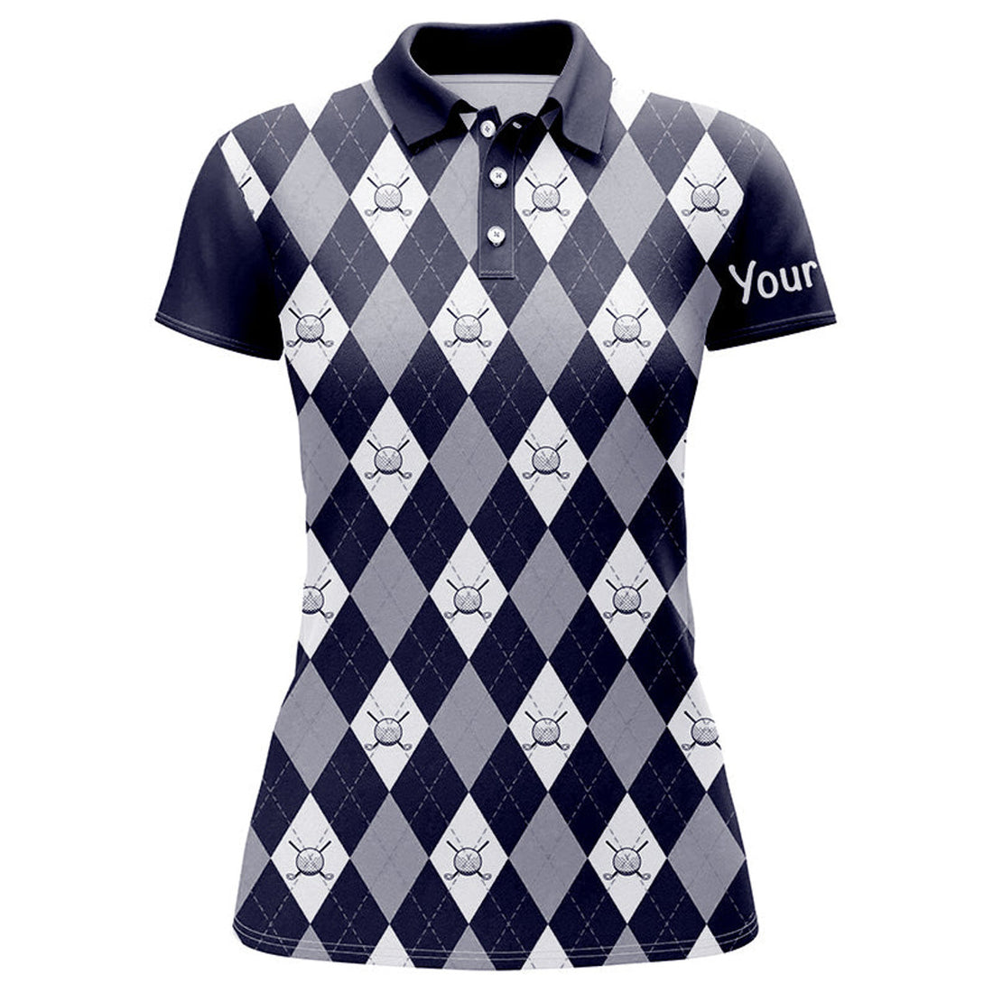 Custom Navy Blue Argyle Plaid Pattern Womens Golf Polos Shirts Custom Golf Shirts For Women, Ladies Golf Polo