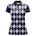 Custom Navy Blue Argyle Plaid Pattern Womens Golf Polos Shirts Custom Golf Shirts For Women, Ladies Golf Polo