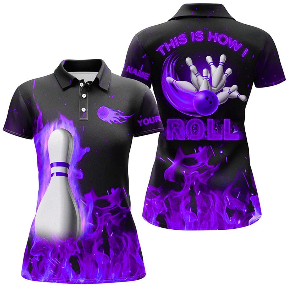 Custom Bowling Polo For Women This Is How I Roll Purple Flame Bowling Team Jerseys