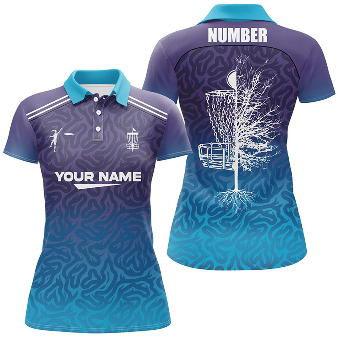 Custom Blue Purple Gradient Abstract Swirl Pattern Womens Disc Golf Polo Shirt Custom Frisbee Golf Shirt