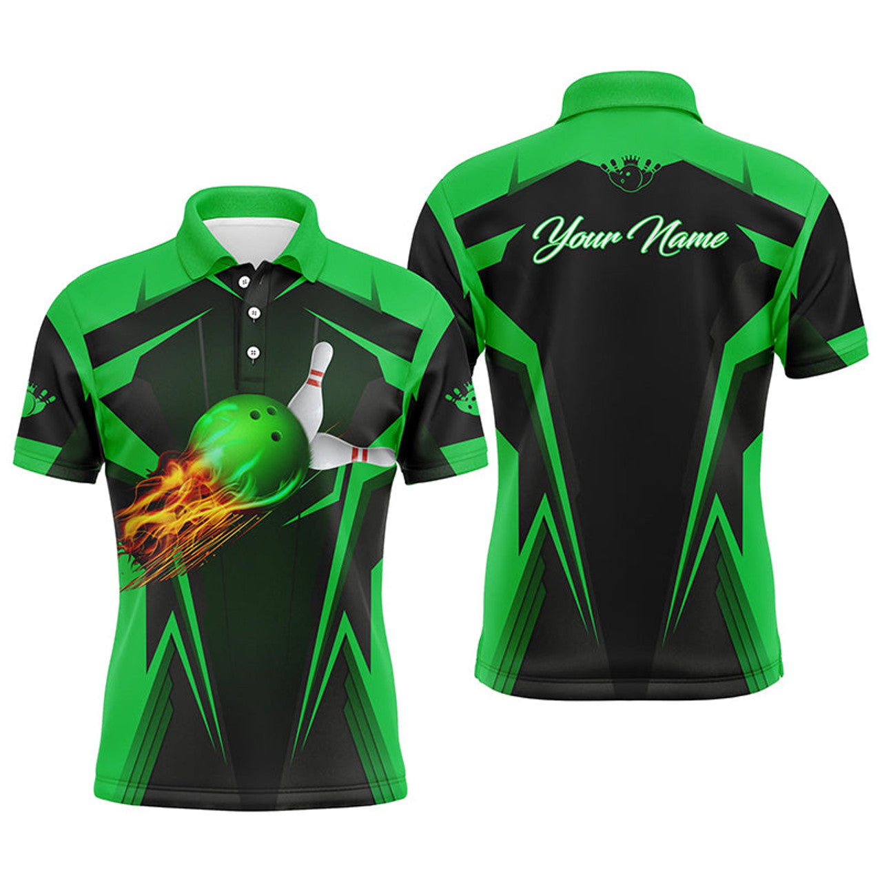 Personalized Men Bowling Polo Shirt Flame Bowling Ball and Pins, bowling polo for men bowlers | Green