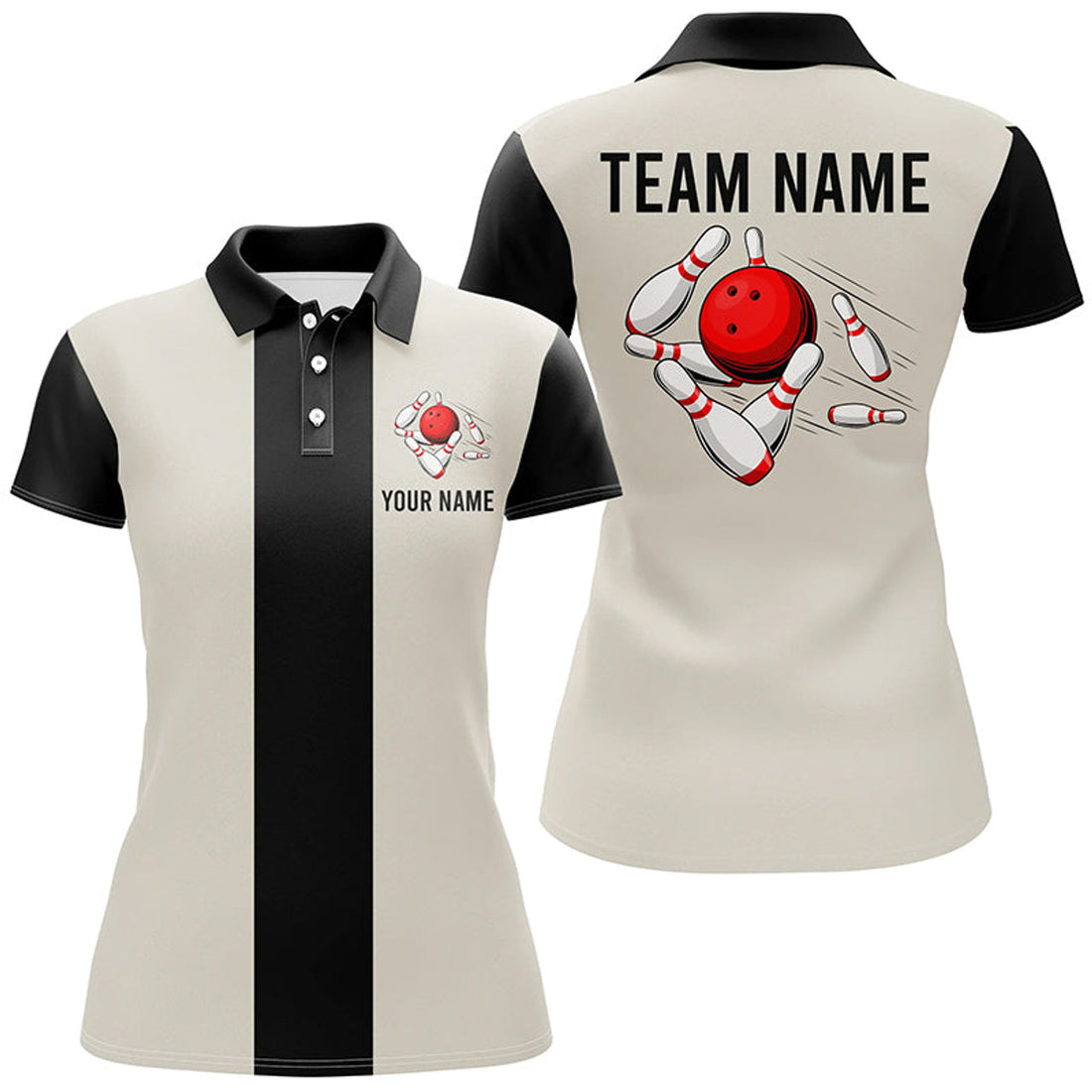 Custom Personalized Beige and Black Retro Bowling Polo shirt For women custom vintage bowling team jerseys