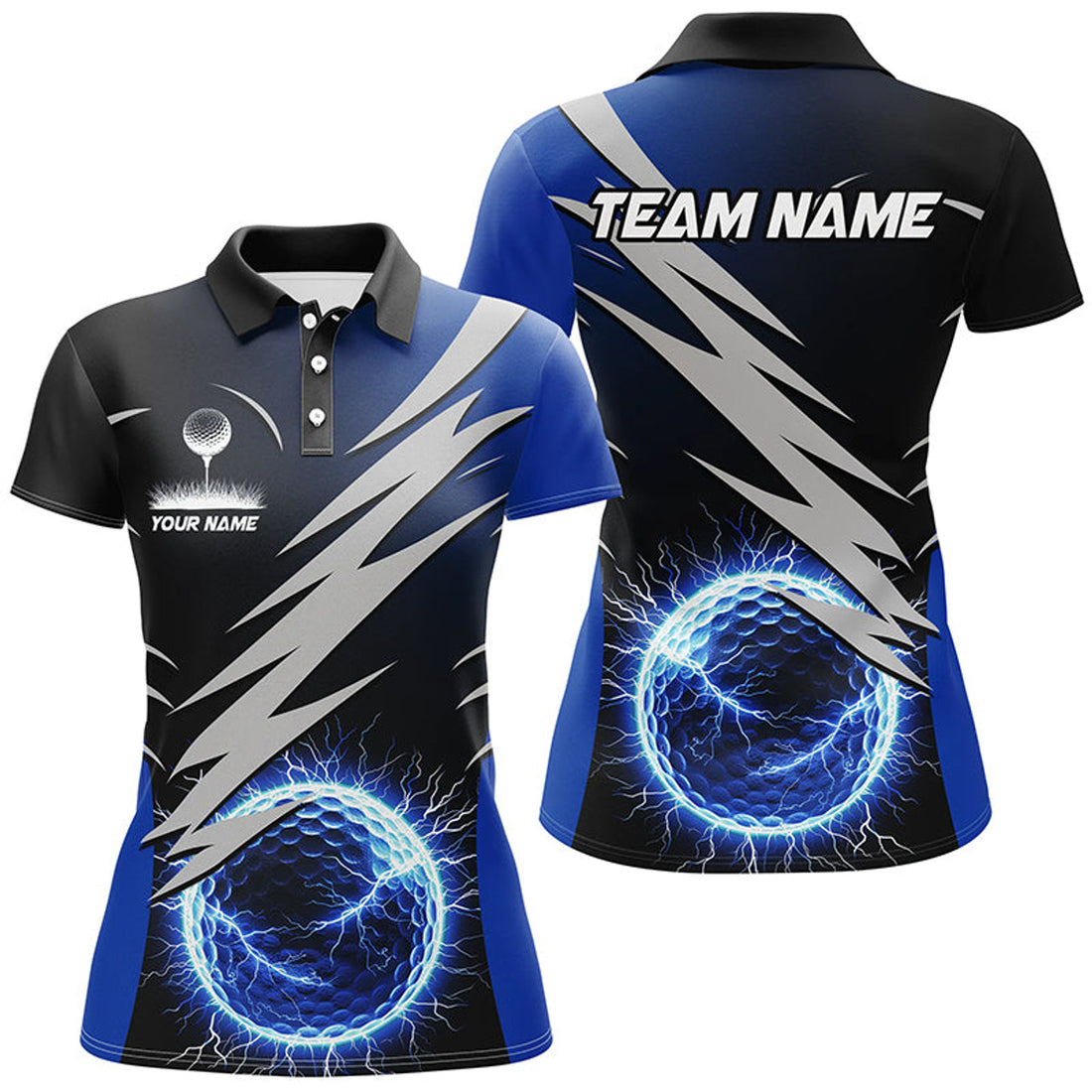 Custom Womens Golf Polo Shirts Custom Blue Lightning Thunder Golf Ball Clothes, Personalized Golf Gifts