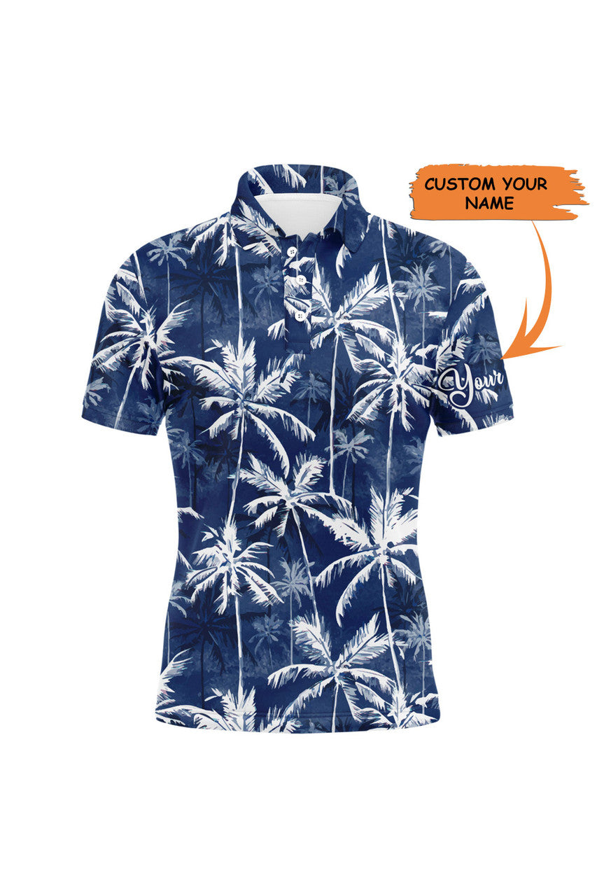 Custom Tropical Background Blue Watercolor Palms Custom Name Golf Men Polo Shirt - Personalized Gift For Golf Lover, Team, Golfer