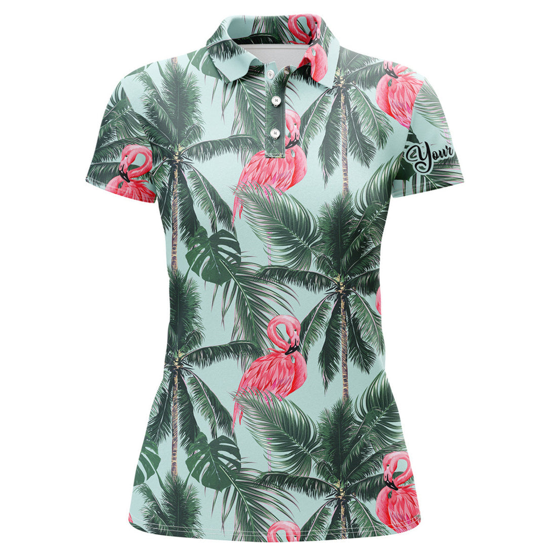 Custom Women Golf Polo Shirt With Pink Flamingos Tropical Palm Leaves Custom Team Golf Polo Shirts