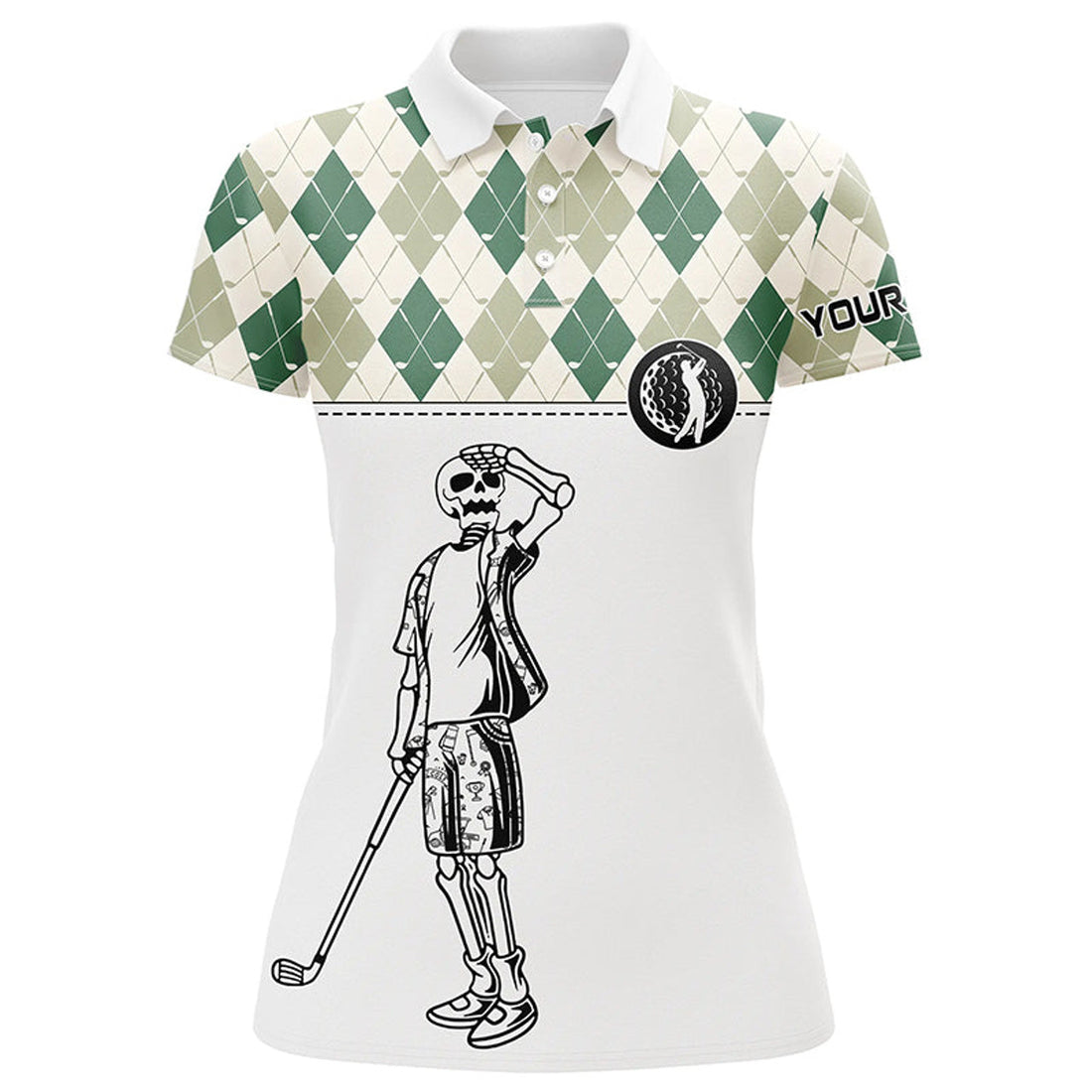Custom Green Argyle Pattern Womens Golf Polo Shirt Custom Golf Skull Polos Shirt For Ladies, Golfing Gifts
