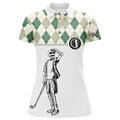 Custom Green Argyle Pattern Womens Golf Polo Shirt Custom Golf Skull Polos Shirt For Ladies, Golfing Gifts