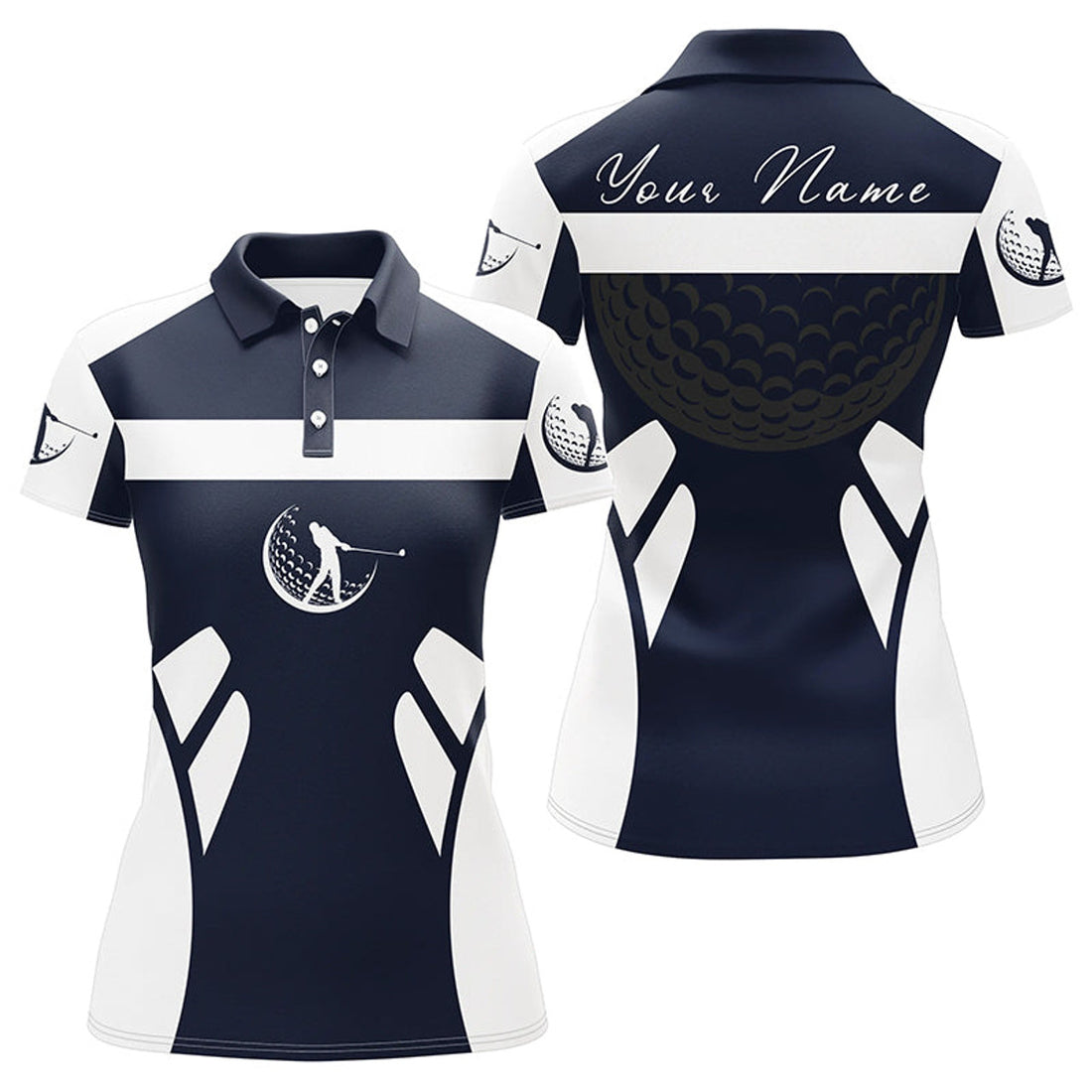 Custom Blue Navy And White Womens Golf Polo Shirt Custom Name Cool Golf Gifts For Ladies