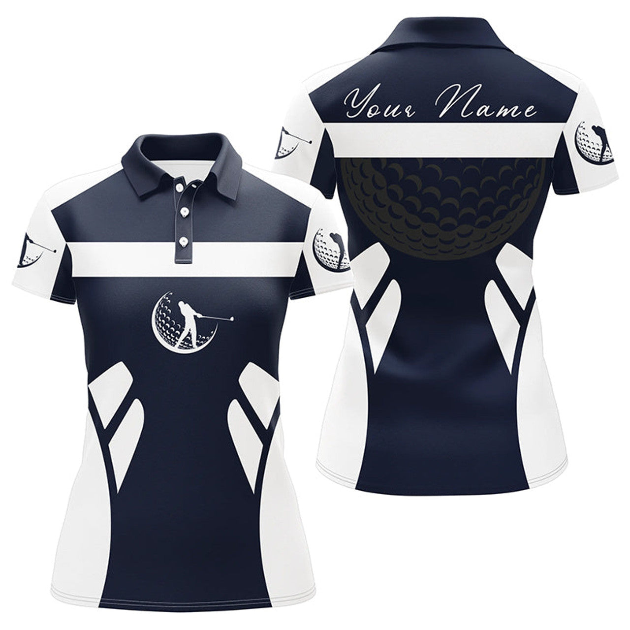 Custom Blue Navy And White Womens Golf Polo Shirt Custom Name Cool Golf Gifts For Ladies