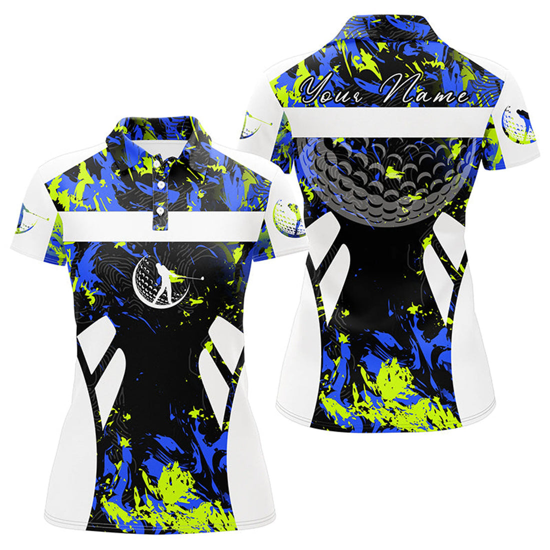 Custom Green Blue Camo And White Womens Golf Polo Shirt Custom Name Cool Golf Gifts For Ladies